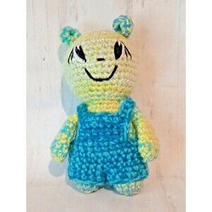 Crochet Amigurumi Plushie Green Bear Blue Overalls, Cute Hand Embroidered Face